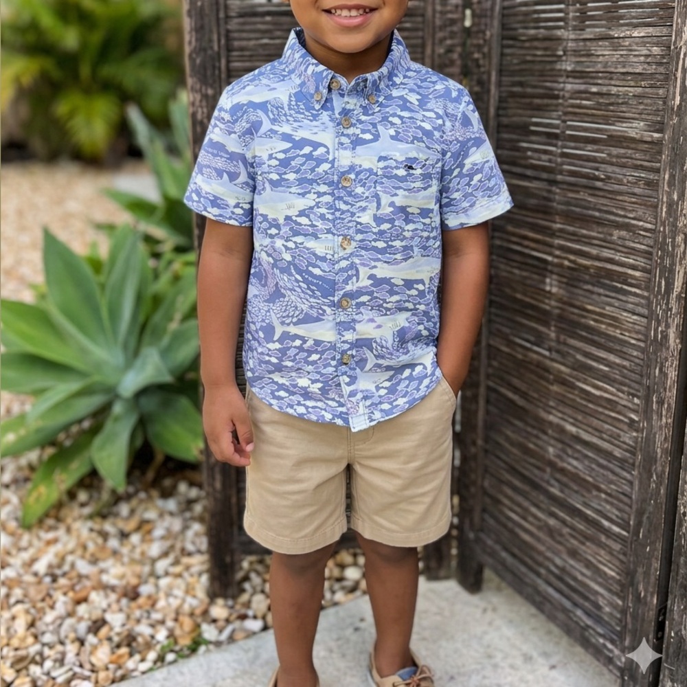 Vineyard Vines Blue and Purple Shark Print Button Up Shirt, size 3T